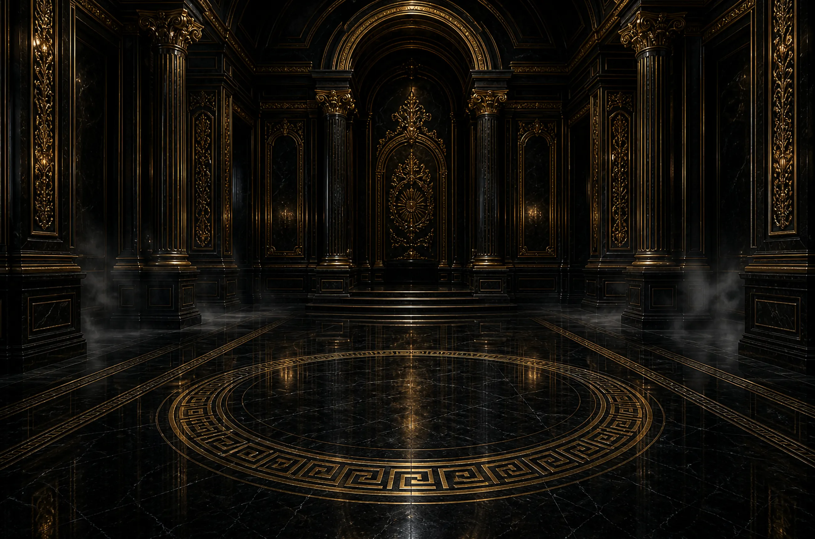 The hall: a black marble entrance with gilt doors and a Greek-key medallion on the floor