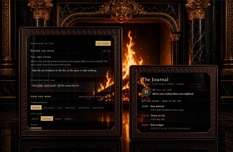 The journal room: a hearth between two tablets, the day's answers set down on the left, the record's marks on the right