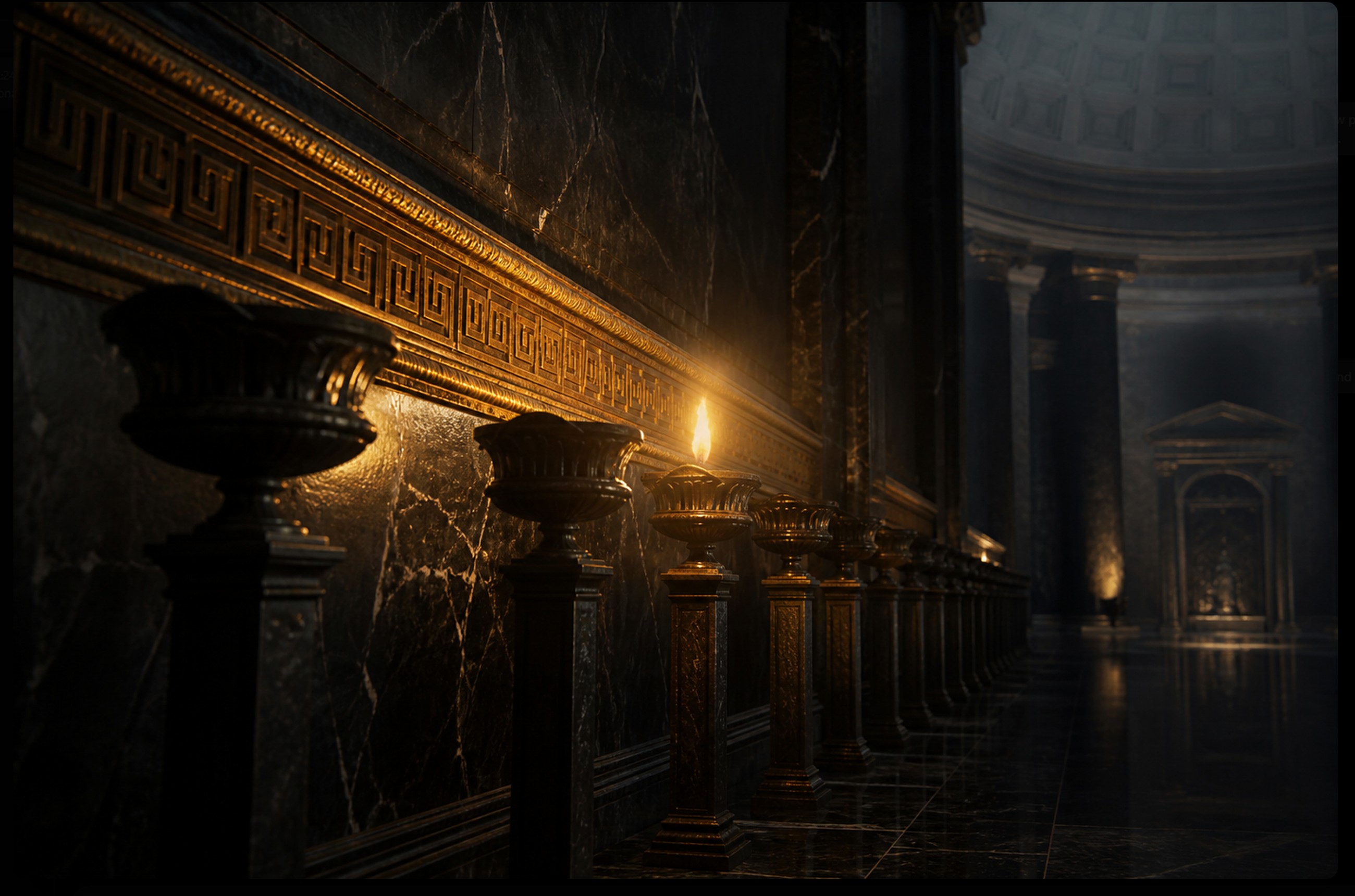 A single flame lit in a row of dark lamps along a black marble hall